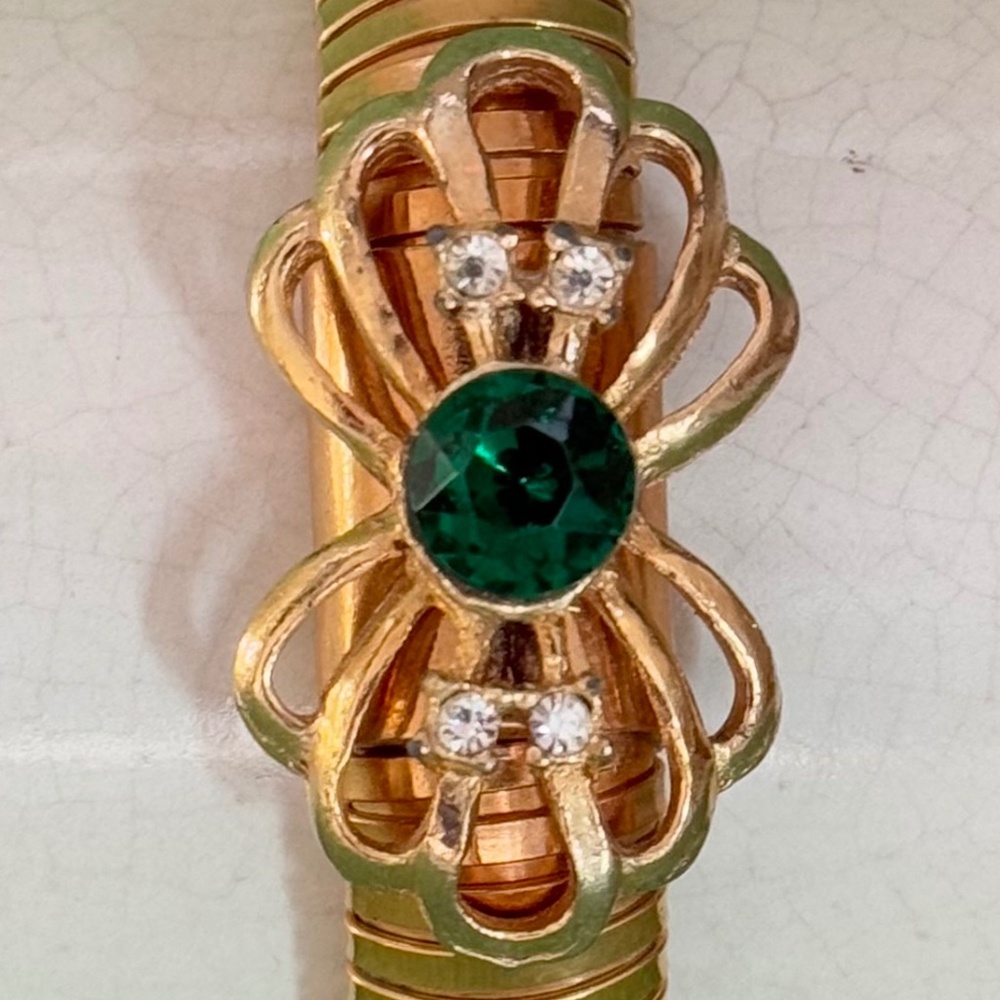 Bracelet Stretch Golden Green Clear Rhinestones Golden Vintage - Picture 6 of 6